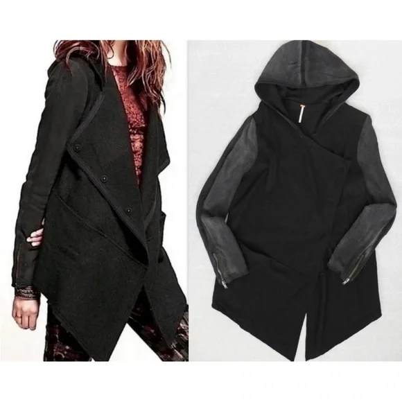 FREE PEOPLE wool blend hooded Black Gray asymmetric jacket coat Size Small - Picture 1 of 7